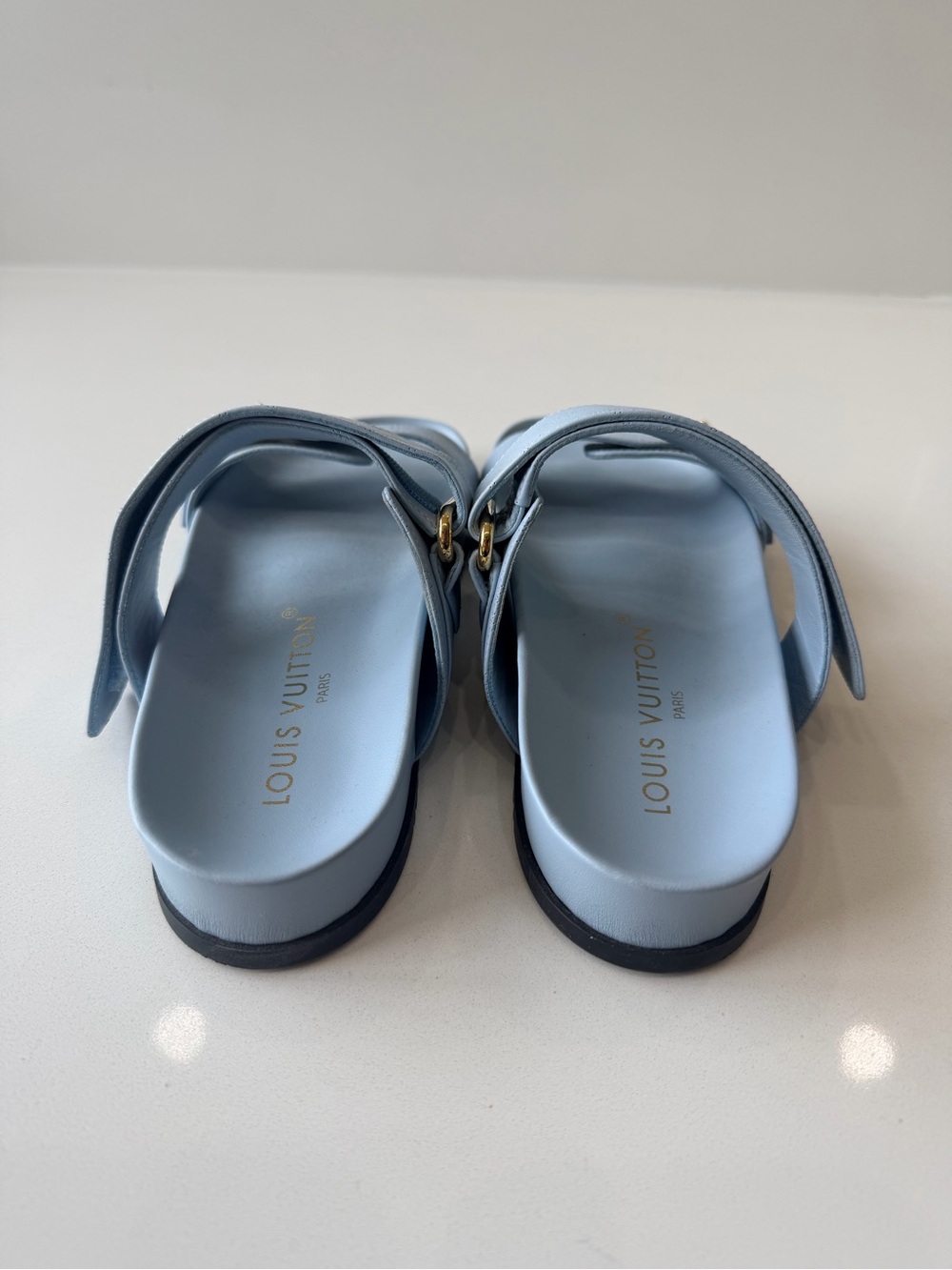 Louis Vuitton Powder Blue Monogram Perforated Double-Strap Slides - Picture 4 of 5